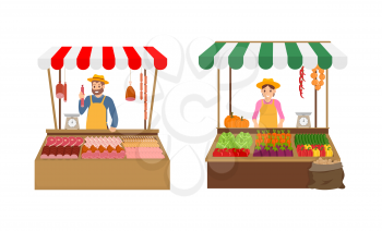 Farmer sellers on market set vector. Isolated icons with vendors in tents kiosks with veggies and meat products. Pork and chicken, pepper and tomatoes