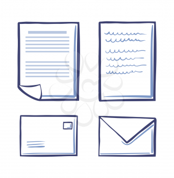 Office papers and envelopes isolated icons. Signed contract, text and signature vector. Commercial documentation, messages templates, closed and open letters