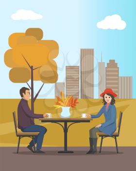 Cafe in autumn city park, people in love enjoying view of autumnal trees and scenery vector. Woman and man drinking tea hot coffee beverage together
