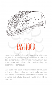 Fast food burrito poster and text sample. Mexican traditional national takeaway dish. Snack monochrome sketch outline wrapped taco dish icon vector