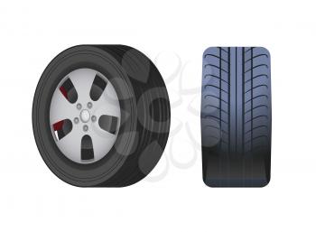 Rubber wheel for car vector isolated icon. Black tyre in side and front view. Modern automotive equipment for mechanic store or repair service shop