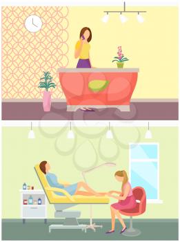 Beauty spa salon reception and pedicure service in set vector. Pedicurist with tool and nail polisher brush painting toenails of woman female client