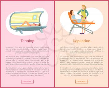 Tanning and depilation web posters in spa salon. Procedure of hair removal client lying on table and relaxing, woman in solarium with text sample