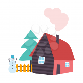 Tree pine growing by wooden cottage house vector. Snowman with carrot nose and bucket on head, fence by home. Smoke going out from building chimney