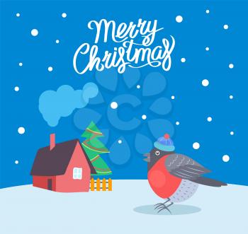 Merry Christmas bullfinch and snowing weather vector. House with smoke coming from chimney, decorated tree with garlands and balls. Home and snow