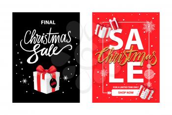 Wrapped Xmas box with price tag isolated on black and red, snowflakes. Surprises on winter season of discounts, vector totally final Christmas sale leaflets