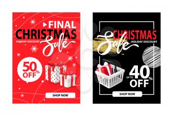 Half price and 40 percent discount posters, clearance covers design vector on red and black. Christmas final sale holiday discount with wrapped gift boxes