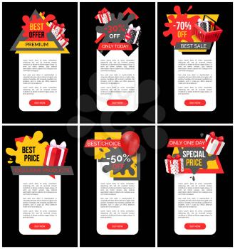 All products sale, discounts on web pages set vector. Posters with text sample, offering and clearance of shops, business advertising. 80 percent lower