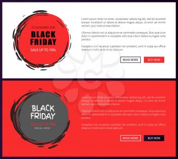 Black Friday vector discount round badges with sketch frame on web site pages, push buttons, 70 percent off. Price tag templates, big sale on 25 November 2018.