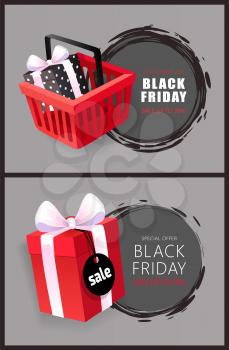 Black Friday hot November total sale event with discounts. Price tags with shopping cart and gift box vector web page template, creative card design