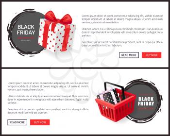 Black Friday sites samples, hot November total sale event with discounts. Price tags with shopping cart and gift box vector web page template, text