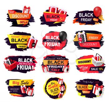 Black Friday, isolated banners design set, sellout vector. Price reduction, business market with sales and discounts  to customers of shops and stores