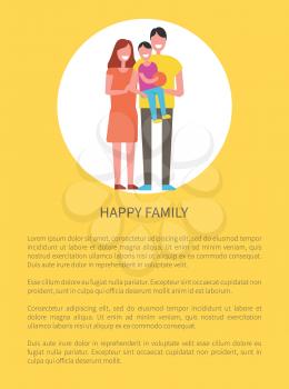 Happy family poster and text sample. People holding son on hands. Little boy plays with basketball ball, father and mother together with kid vector