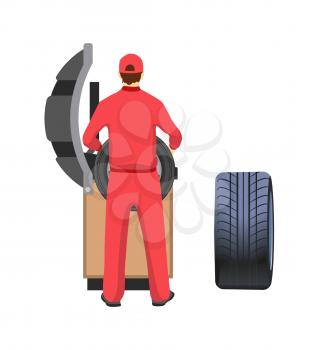 Tire production and repairment service, mechanic in overalls. Car parts of rubber, factory machine and worker in uniform vector illustration isolated