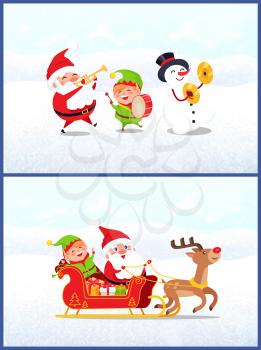 Christmas characters, Santa Claus with elf and snowman holding trumpet, drum and shock plates. Sleigh with Xmas gifts and deer vector illustrations
