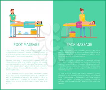 Back and foot medical massage session cartoon vector set. Masseur in uniform and patient lying on table covered with towel, posters with text sample