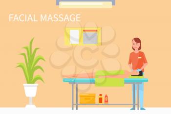 Facial procedures and massage technique to relax face and make it look younger and fresh. Masseuse in her salon with client male with towel vector