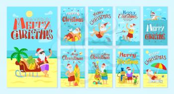 Merry Christmas Santa Claus resting on islands vector. Old man talking photos and swimming with dolphin, seagull and monkey. Snowman made of sand