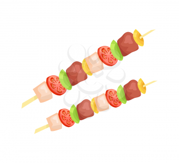 Kebab on skewer vector badge in cartoon style. Roast pieces of meat with sliced tomato and onion strung on wooden brochette, isolated course emblem