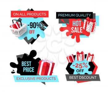 Exclusive products, best price 25 percent lower vector. Banners with sale and discounts, deal propositions, clearance  of shops and stores. Gift boxes
