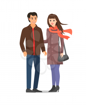 Couple wearing warm clothes people isolated vector. Male and female in love, woman and man romantic pair walking together. Married people having fun