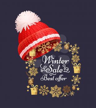 Winter sale best offer poster knitted red hat on golden snowflakes frame. Warm headwear item, cloth woolen chunky yarn, hand knitting crochet headdress