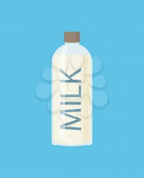 Milk diary production isolated icon vector. Glass bottle with inscription of product. Organic natural beverage with vitamins, calcium and proteins