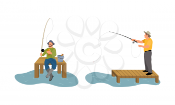 Fishing men on wooden pier dock. Man with rod spinning. Catching fish animal process by river or lake, set of persons isolated on vector illustration