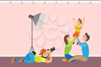Family photo session, kid and parents. Photographer holding camera taking picture of mother father child vector studio interior with lighting equipment