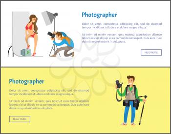 Photographer making photo session of girl in bikini swimwear and professional journalist with tripod and special camera gear equipment vector web posters