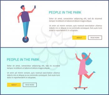 People in park man riding on segway, woman skateboarding web posters set. Child in dress having fun with hands up standing on skateboard, playing outdoor