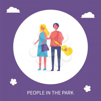 Young couple walking in park cartoon style banner isolated vector in circle. Girl in dress and with bag and guy holding guitar in arm going gripping hands
