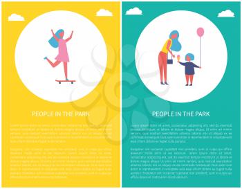 People in park poster girl skateboarding, mother and daughter eating icecream vector in circle. Child in dress having riding on skateboard, text samples
