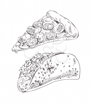 Appetizing cheese pizza and taco with meat and vegetable filling. Fast food or takeaway monochrome illustration set for advertising or snack bar menu.