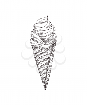 Ice cream monochrome sketch outline. Take away fresh food with waffle crusty cone. Meal in summer time for refreshment isolated on vector illustration