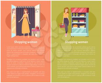 Shopping women in grocery store poster with text sample set vector. Changing room with curtain and mirror, vegetables and fruits products in fridge
