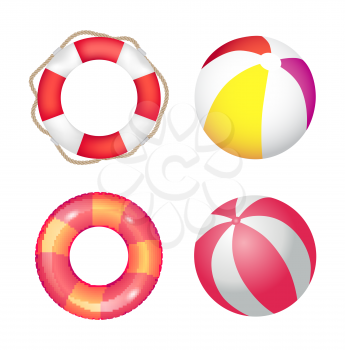 Inflatable ring and beach ball set vector banner. Double color rubber lifebuoy with rope and shore toy, swimming equipment, seashore resort theme