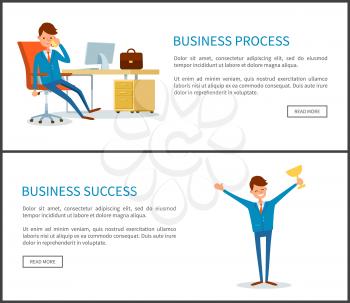 Business process and success, businessman holding gold prize vector. Victory and triumph of office worker wearing suit. Chief director talking on phone
