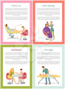Pedicure and pedicurist, massage and manicure posters set with text sample vector. Manicurist and masseur, professional treatment in beauty salon