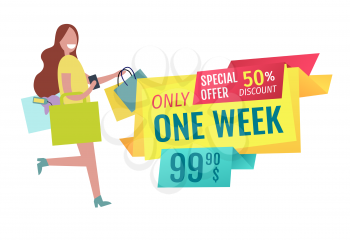 Only one week offer poster with running smiling woman holding purse and bag. Good clearance and female client doing shopping with pleasure vector