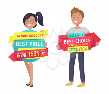 Premium discount and special offer best offer on ribbons. Man and woman with promotion people shoppers happy of sales and savings isolated on vector