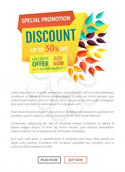 Exclusive offer natural product poster with text sample and banner. Decoration with autumn leaves and colorful inscription. Discount sellout vector