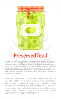 Preserved food poster olives in glass jar vector with text sample. Traditional mediterranean cuisine pickled marinated veggies, homemade canned snack
