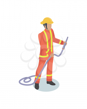 Fire-fighter in general service uniform holding firehose isometric model. Male figure fire station worker in rescue operations uniform vector icon.