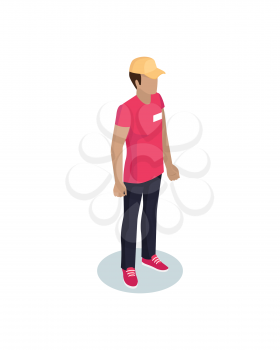 Delivery man wearing red uniform with yellow hat. Deliveryman taking ordered items for clients. Person with name badge on t-shirt isolated on vector