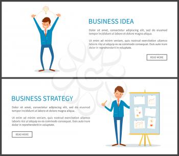Business idea and strategy, businessman with board and information vector. Web pages text sample, people working with innovative thoughts and plans