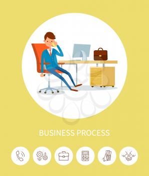 Business process, man director talking on phone vector. Leader in office working, discussing project customers. Manager with cell, businessman at work