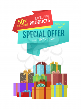 Special offers quality premium natural products set. Pile of gifts with wrapping paper and bows made of ribbons. Super sales and discounts vector