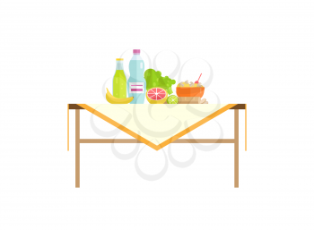 Healthy food with water drink on table isolated. Banana and grapefruit, bowl of mushroom porridge, salad leaves cartoon vector illustration isolated.