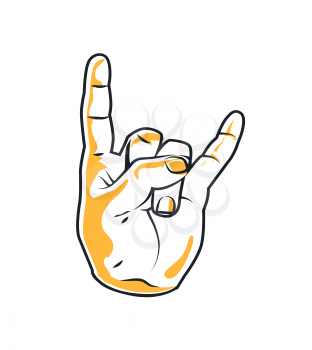 Devil horns gesture icon. Popular rock and metal fan and player symbol or sign colored vector illustration in cartoon sketch style as decoration element.